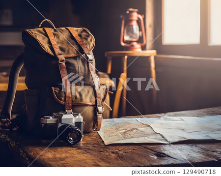 Vintage style backpack with classic camera and travel map on rustic wooden table in cozy warm light atmosphere 129490718