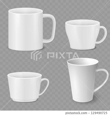 Set of Realistic White Ceramic Coffee Mugs Mockup. Drinkware Collection. Vector Set of Realistic White Ceramic Coffee Mugs Mockup. Drinkware Collection. Vector 129490725