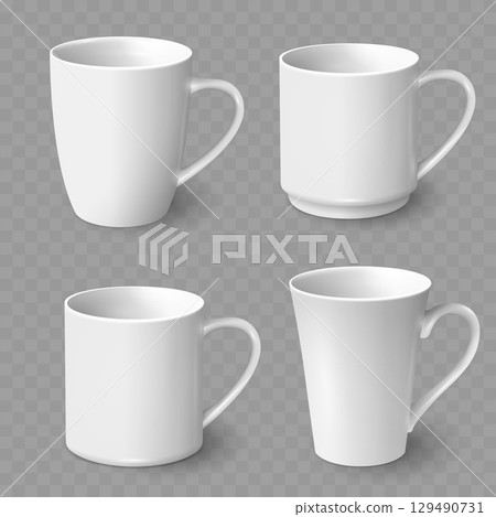 Set of Realistic White Ceramic Coffee Mugs Mockup. Drinkware Collection. Vector 129490731