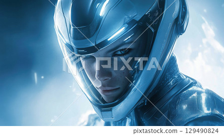 Futuristic Portrait of a Female Character in a High-Tech Helmet Futuristic Portrait of a Female Character in a High-Tech Helmet 129490824