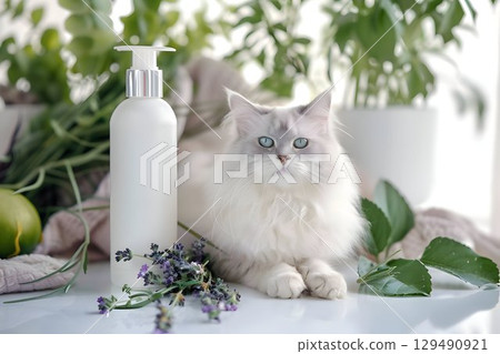 vegan cat shampoo bottle with cat 129490921