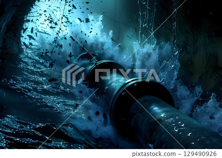digital illustration the sabotage of underwater gas pipelines 129490926