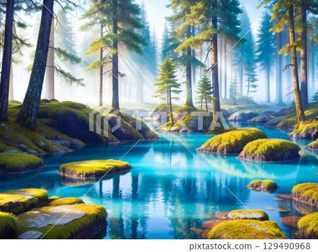 Misty forest and emerald green lake 3 129490968