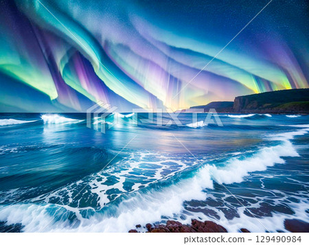 Aurora shining at night sea and shining waves 4 129490984