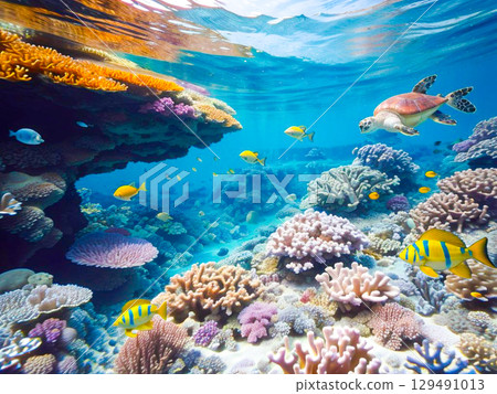 Beautiful underwater scenery with sunlight streaming in 7 129491013