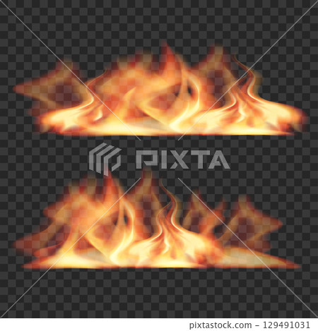 Realistic Fire Flames Set. Burning Campfire Effect. Transparent Overlay. Vector 129491031