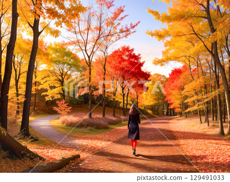 一名女子漫步在染著夕陽的秋日公園2 一名女子漫步在染著夕陽的秋日公園2 129491033