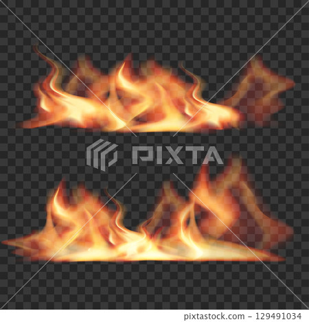Realistic Fire Flames Set. Burning Campfire Effect. Transparent Overlay. Vector 129491034
