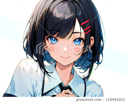 動漫風格的女孩害羞微笑的插圖 動漫風格的女孩害羞微笑的插圖 129491053