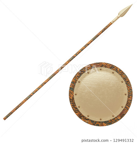 Golden Spear and Shield with Ornate Tribal Design on White Background. 3D Illustration. File with Clipping Path Golden Spear and Shield with Ornate Tribal Design on White Background. 3D Illustration. File with Clipping Path 129491332