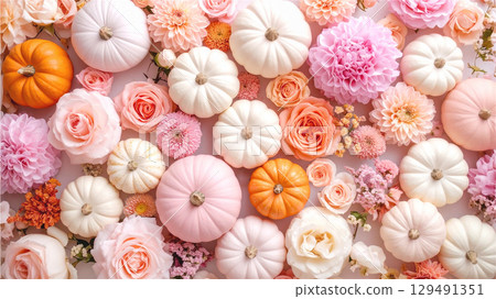Halloween pastel-colored flowers and pumpkins, overhead view 129491351