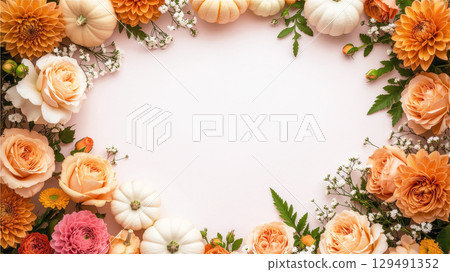 Halloween pastel orange flower and white pumpkin frame 129491352