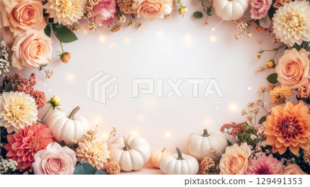 Halloween pastel orange flower and white pumpkin frame 129491353