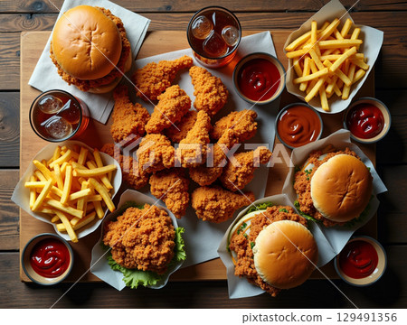 Appetizing Fried Chicken and Burger Feast Displayed on Wooden Tray Appetizing Fried Chicken and Burger Feast Displayed on Wooden Tray 129491356