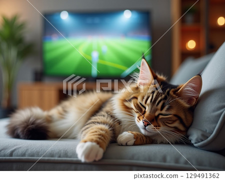 Cozy Indoor Sleeping Tabby Cat Relaxing On Sofa Watching Television 129491362