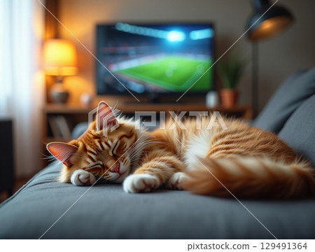 Cozy Domestic Cat Napping on Sofa at Home Relaxation Scene 129491364