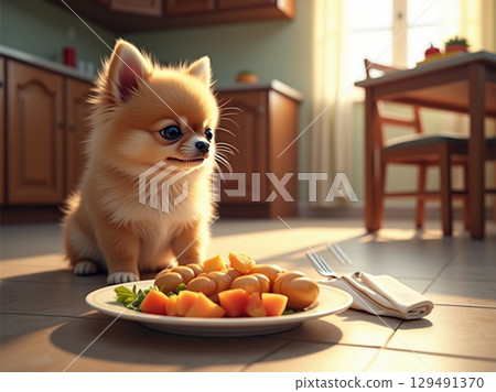 Adorable Pomeranian Puppy with its Meal on Kitchen Floor Still Life 129491370
