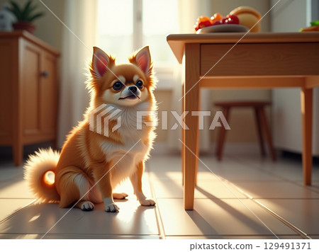 Interior Adorable Pomeranian Puppy Sitting Pretty By the Table in Kitchen 129491371