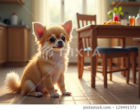 Adorable Small Long Haired Chihuahua Dog Sitting on Kitchen Floor 129491372