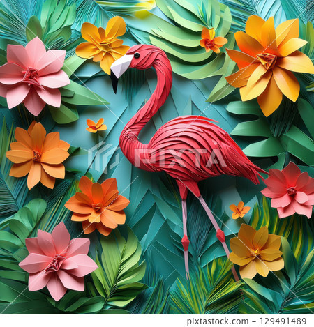 Vibrant Paper Art Design Featuring Pink Flamingo and Tropical Flowers 129491489