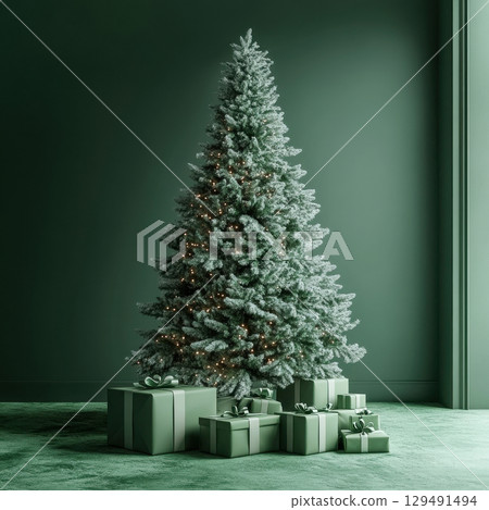 Festive Christmas Tree with Lights and Presents in Modern Room 129491494