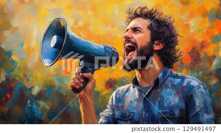 Young Man Shouting with Megaphone Against Colorful Background 129491497