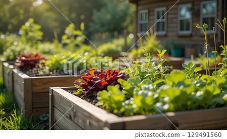 Fresh Organic Vegetables Growing in Wooden Raised Garden Beds in Sunlight. 129491560
