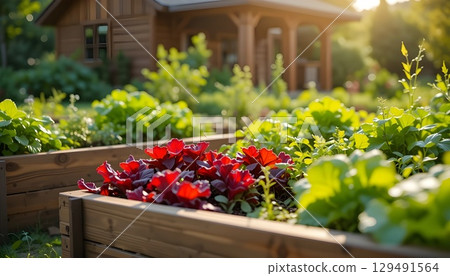 Fresh Organic Vegetables Growing in Wooden Raised Garden Beds in Sunlight. 129491564