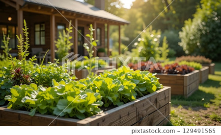Fresh Organic Vegetables Growing in Wooden Raised Garden Beds in Sunlight. 129491565
