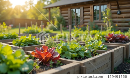 Fresh Organic Vegetables Growing in Wooden Raised Garden Beds in Sunlight. 129491566