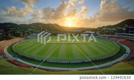 Scenic Sunset Over a Cricket Stadium with Lush Green Field 129491630