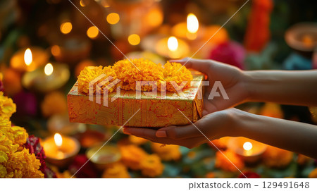 Festive Gift Box with Flowers and Candles for Celebration 129491648