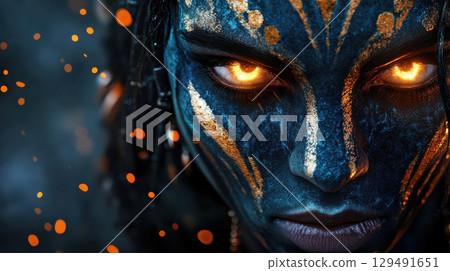 Intense Portrait of a Woman with Vibrant Face Paint and Glow 129491651