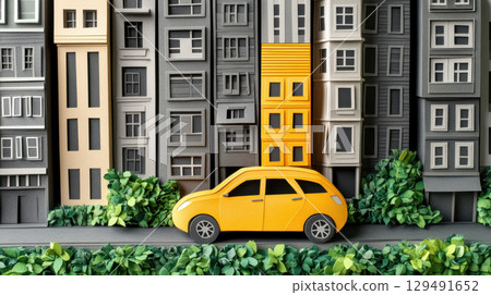 Bright Yellow Car Parked in Colorful Paper Model City Background 129491652