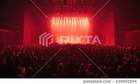 Energetic Crowd at Music Concert with Dramatic Red Lighting Energetic Crowd at Music Concert with Dramatic Red Lighting 129491654