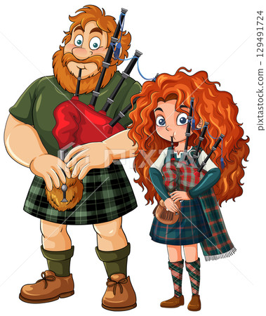 Scottish Man and Girl Playing Bagpipes in Traditional Dress 129491724