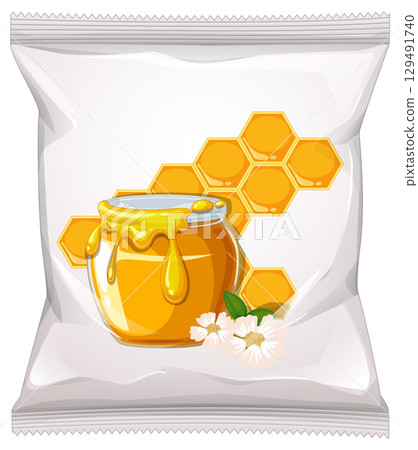 Honey Jar and Honeycomb on Snack Packaging Design 129491740