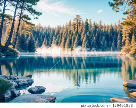 清晨的陽光透過薄霧籠罩的湖泊和森林景觀 5 129491838