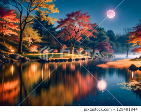 月夜秋葉映照下的日本庭園 月夜秋葉映照下的日本庭園 129491844