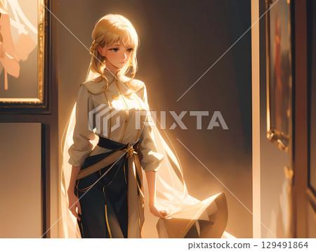 藝術博物館裡沉思的金髮女郎 129491864