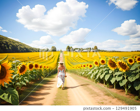 一位身穿白色洋裝的女子走過向日葵田 3 129491905