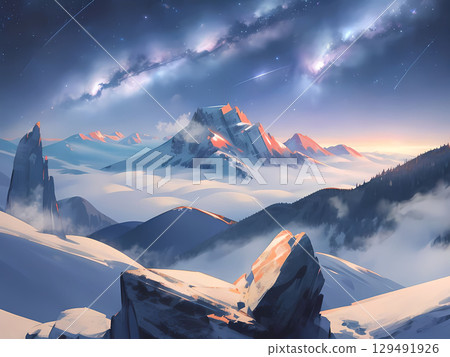 A starry sky and winter mountains floating in a sea of clouds 129491926