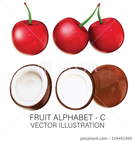 3D Vector Fruit Alphabet C Set: Realistic Cherry and Coconut Illustration on White Background 129491989