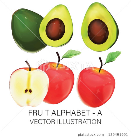 3D Vector Fruit Alphabet A Set: Realistic Apple and Avocado Illustration on White Background 129491991