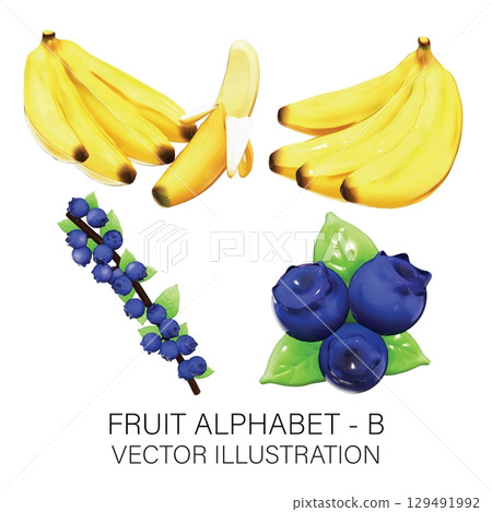 3D Vector Fruit Alphabet B Set: Realistic Banana and Blueberry Illustration on White Background 3D Vector Fruit Alphabet B Set: Realistic Banana and Blueberry Illustration on White Background 129491992