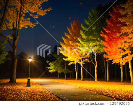 夜晚的公園，路燈照亮的秋葉大道，非常美麗 129492035