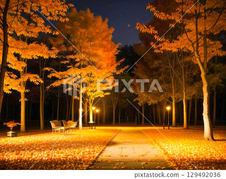 夜晚的公園，路燈照亮的美麗秋葉大道2 129492036