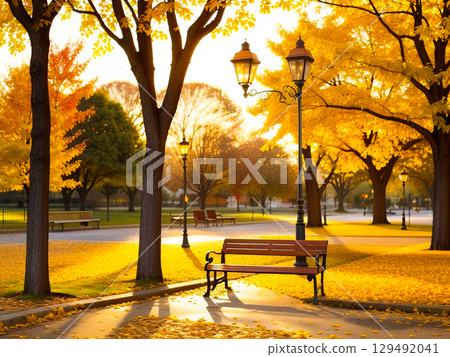 晴朗的秋日裡的公園，色彩繽紛的秋葉和長椅 2 129492041