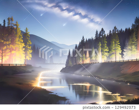 星空之夜，神秘的光芒照亮了河邊的森林 129492073