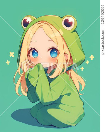一個穿著青蛙服裝的可愛女孩抬頭看著你 129492095